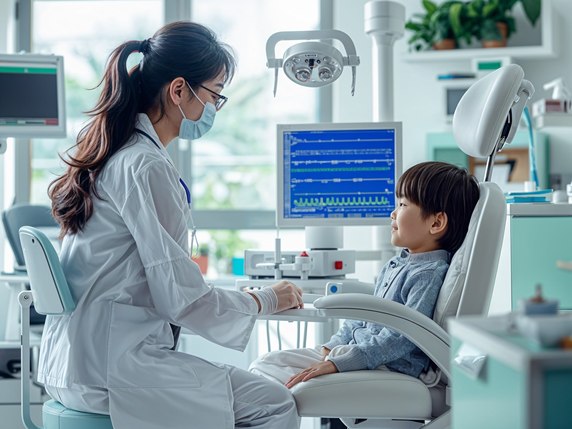 At Lake Sammamish Kids Dentistry - Pediatric Dentist in Sammamish WA, a doctor wearing a mask examines a young boy in a medical chair, surrounded by hospital-grade safety equipment.