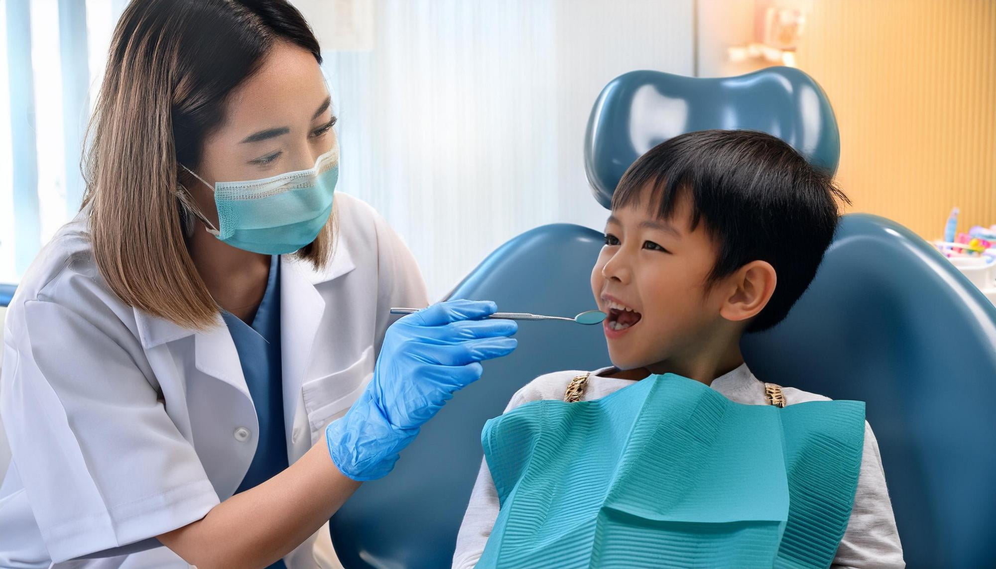At Lake Sammamish Kids Dentistry - Pediatric Dentist in Sammamish WA, a dentist wearing a mask and gloves gently examines a young boy’s mouth, helping to reduce dental anxiety in children.