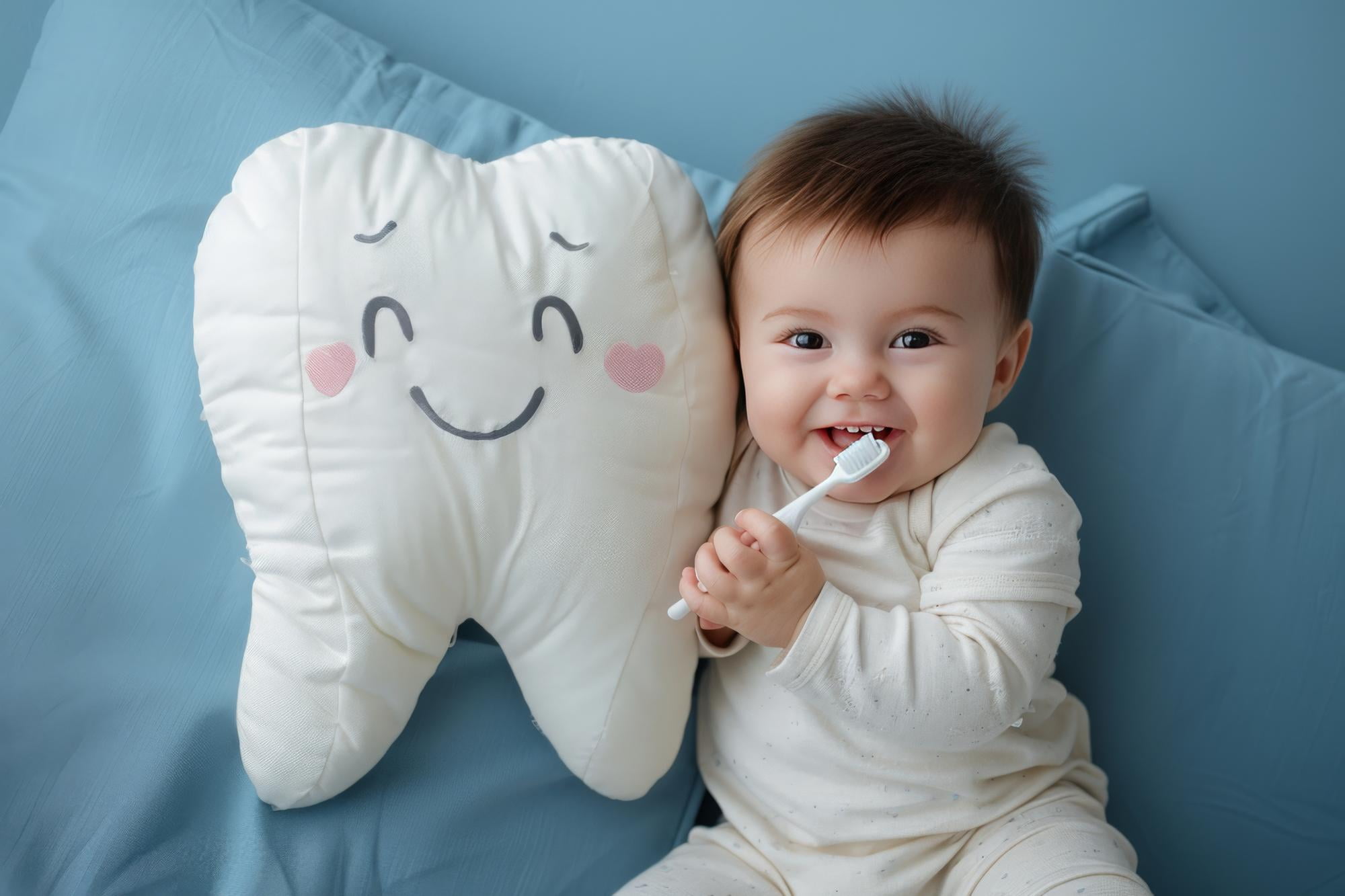 A baby in light pajamas holding a toothbrush sits beside a smiling, tooth-shaped pillow on a blue bed, emphasizing the importance of restorative dentistry for children at Lake Sammamish Kids Dentistry - Pediatric Dentist in Sammamish, WA.