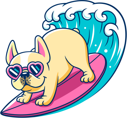A cartoon French Bulldog wearing heart-shaped sunglasses rides a pink surfboard on a blue wave, bringing smiles just like Lake Sammamish Kids Dentistry - Pediatric Dentist in Sammamish, WA.