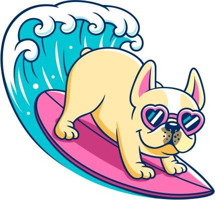 A cartoon French Bulldog wearing heart-shaped sunglasses rides a pink surfboard on a blue wave, bringing smiles just like Lake Sammamish Kids Dentistry - Pediatric Dentist in Sammamish, WA.