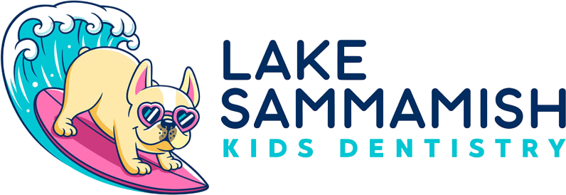 Lake Sammamish Kids Dentistry - Pediatric Dentist logo Featuring a cartoon French bulldog wearing heart sunglasses and surfing a wave on a pink surfboard beside the "Lake Sammamish Cool Beach Shop" logo, Lake Sammamish Kids Dentistry - Pediatric Dentist in Sammamish, WA adds a playful touch to your visit.