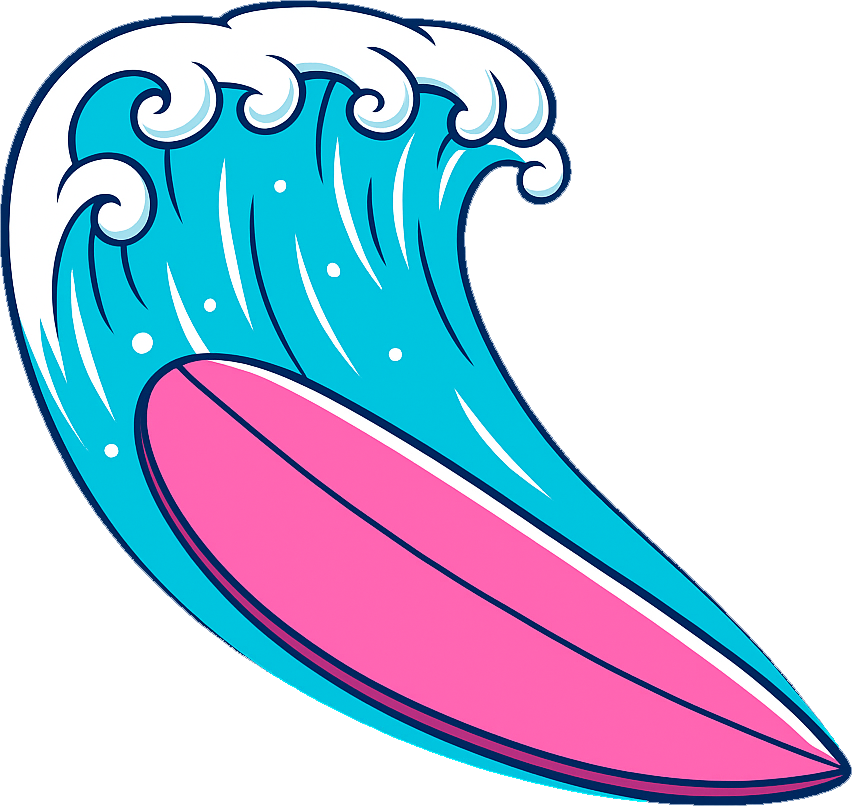 Perfect for adding a splash of fun to any office, this illustration for Lake Sammamish Kids Dentistry - Pediatric Dentist in Sammamish, WA features a large blue ocean wave with white foam curling over a pink surfboard.