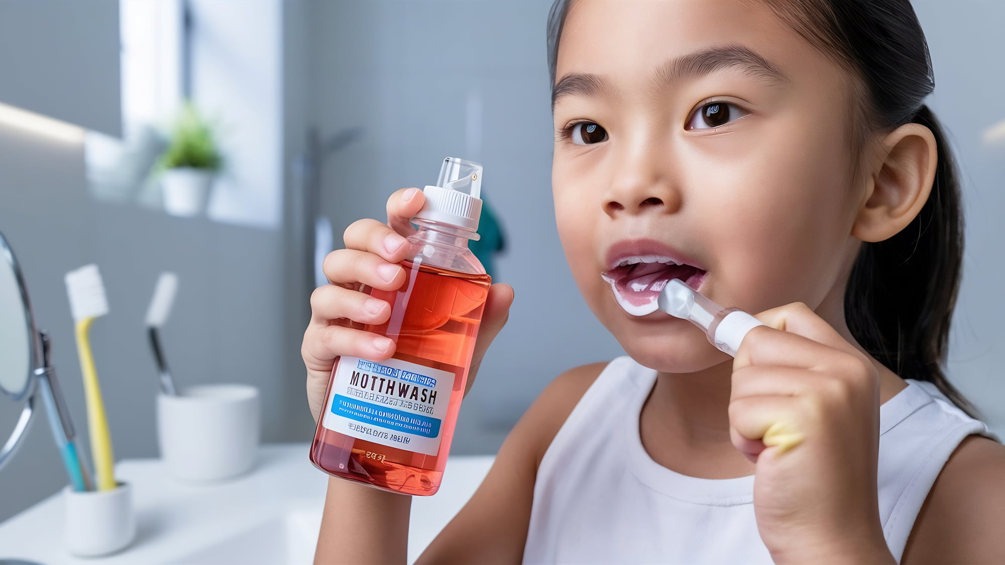 At Lake Sammamish Kids Dentistry - Pediatric Dentist in Sammamish WA, a young child practices preventive pediatric dental care by brushing their teeth and using mouthwash, learning about fluoride treatments and safety guidelines.