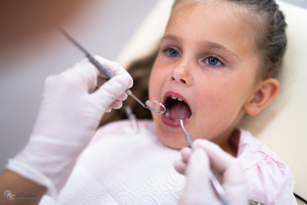 A dentist at Lake Sammamish Kids Dentistry in Sammamish, WA examines a young girl's teeth, discussing dental sealants for children - Dental Sealants for Kids in Sammamish, WA. 