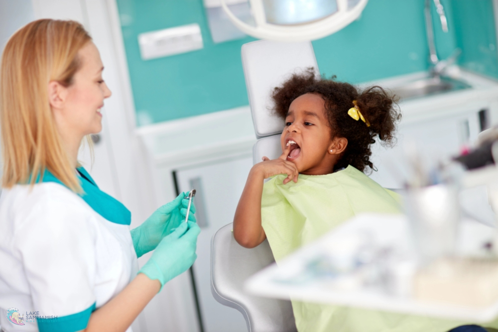 At Lake Sammamish Kids Dentistry in Sammamish, WA, a dentist discusses dental sealants with a young child during a check-up - Dental Sealants for Kids in Sammamish, WA. 